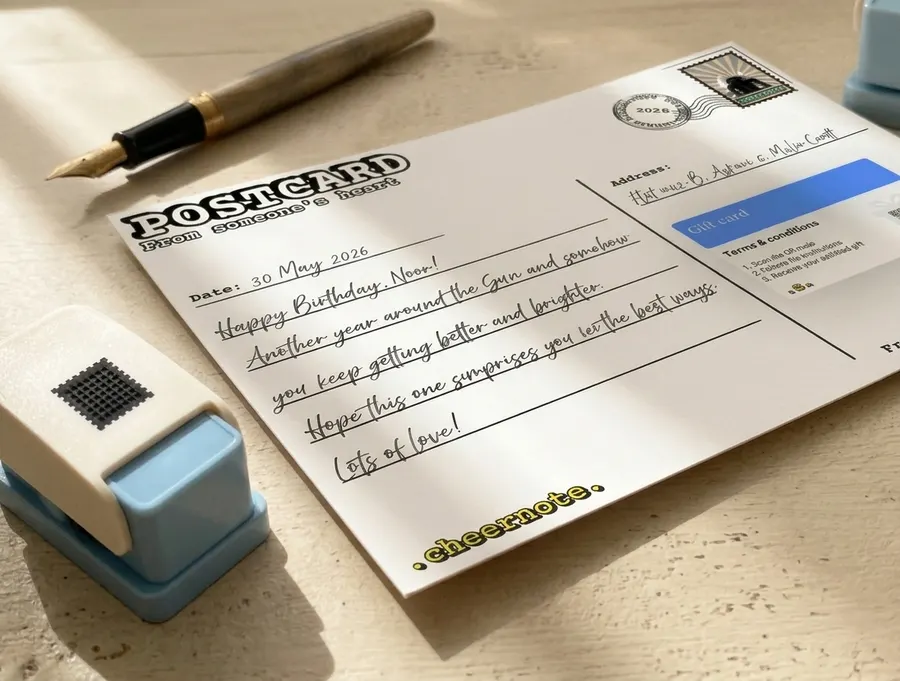 Writing a message on a postcard beside a pen
