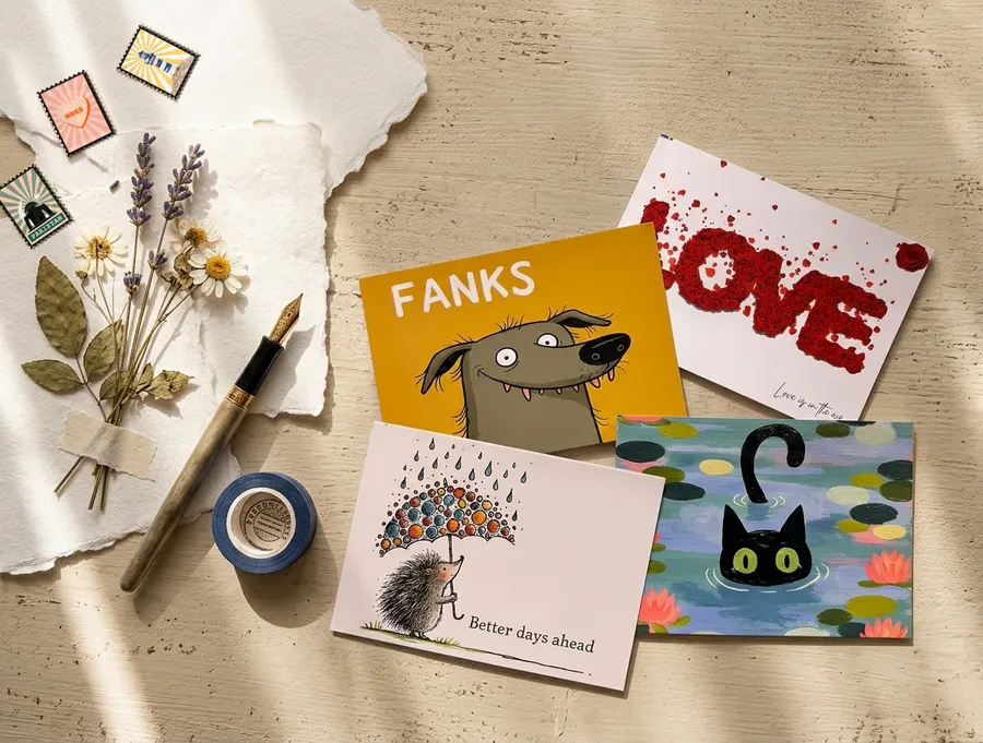 Cheernote cards and postage stamps laid out to choose from