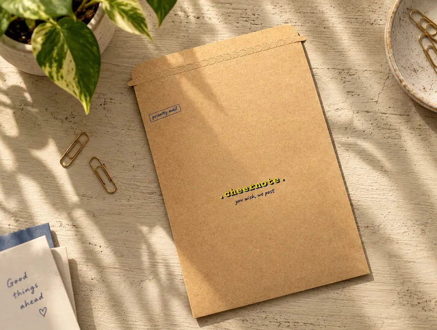 A kraft Cheernote envelope on a sunlit table, stamped priority mail and ready to post
